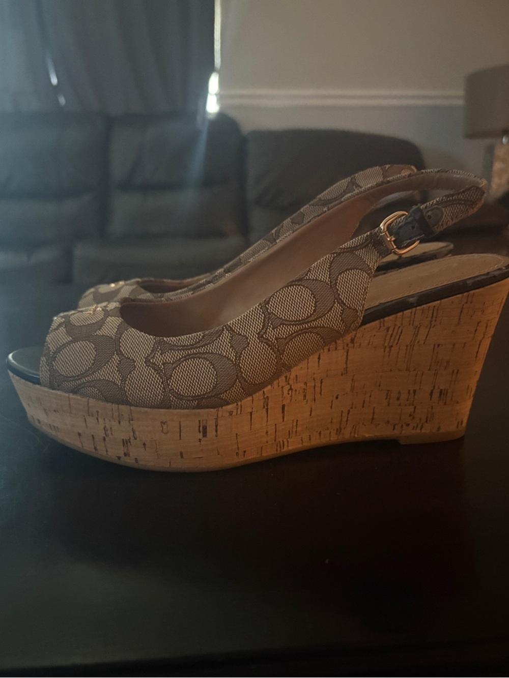 Vintage Coach Signature Canvas Peep-Toe Slingback Wedges - Picture 2 of 4